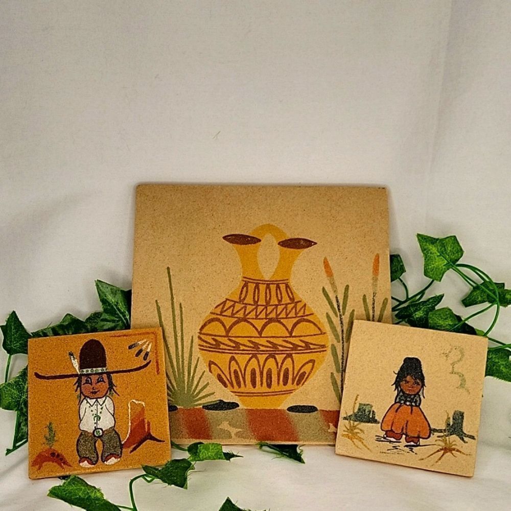 Native American. Sand Pottery. Coaster Set. Authentic. Like New